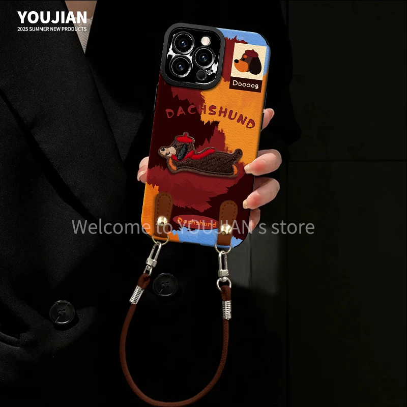 适用【苹果/oppo/华为/vivo/小米】秋冬复古油画风腊肠狗网红防摔女
