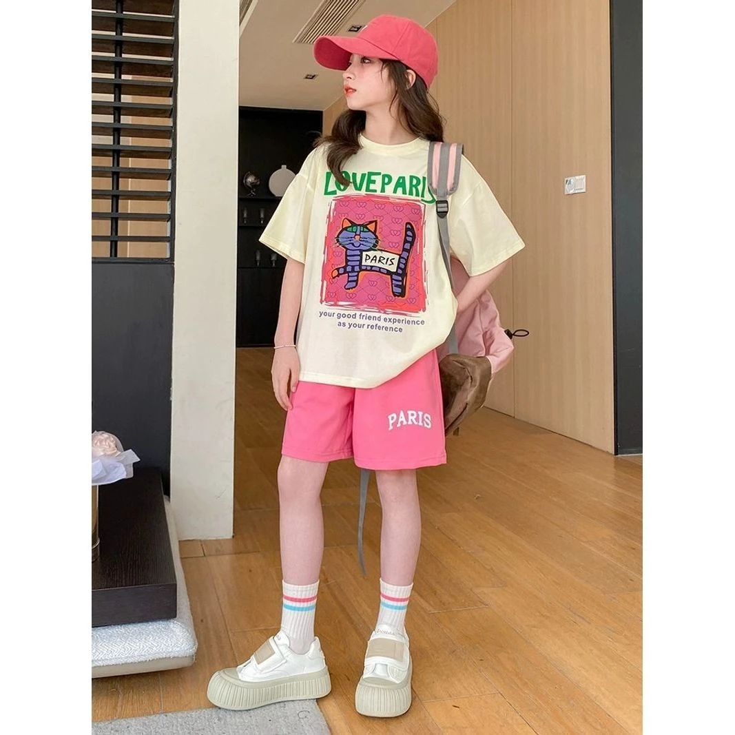 女童夏季短袖套装2025新款女大童夏装韩版T恤短裤儿童运动两件套