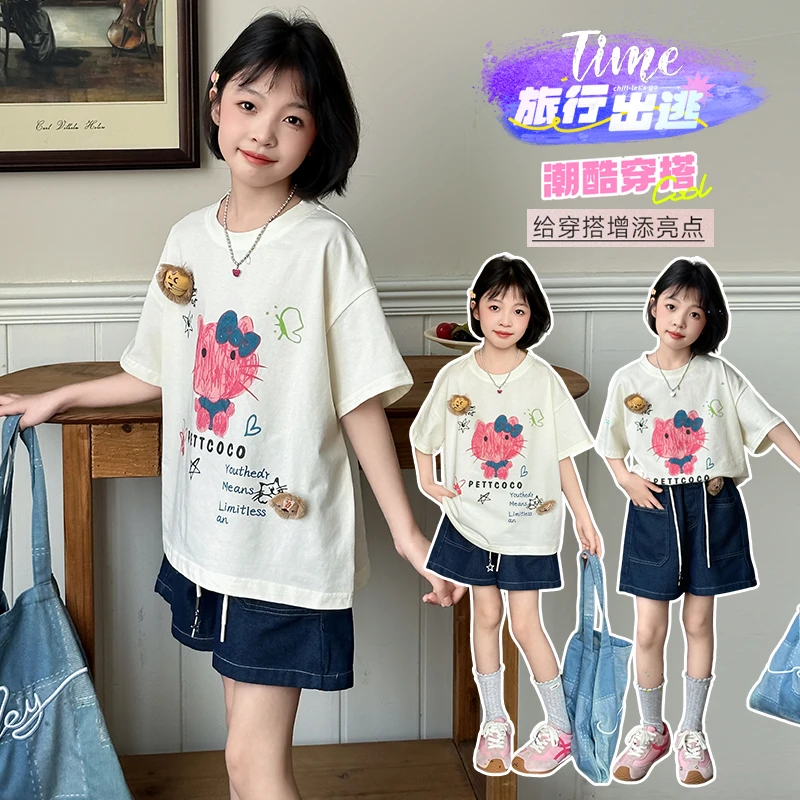 女童套装韩版夏季卡通中大童洋气时尚休闲T恤牛仔短裤宽松两件套
