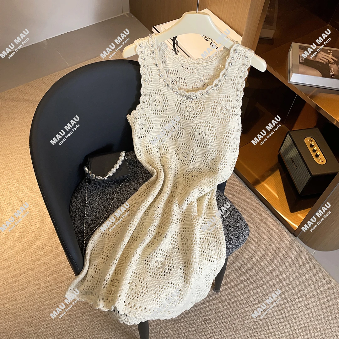 MIUMEN2025夏季法式小香风钉钻钩花镂空针织背心连衣裙MAU1255