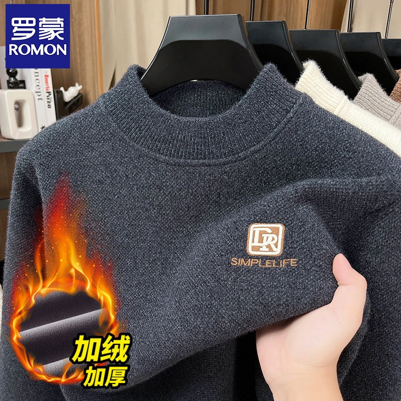 罗蒙冬季男士保暖加绒加厚刺绣半高领针织毛衣圆领休闲套头打底衫