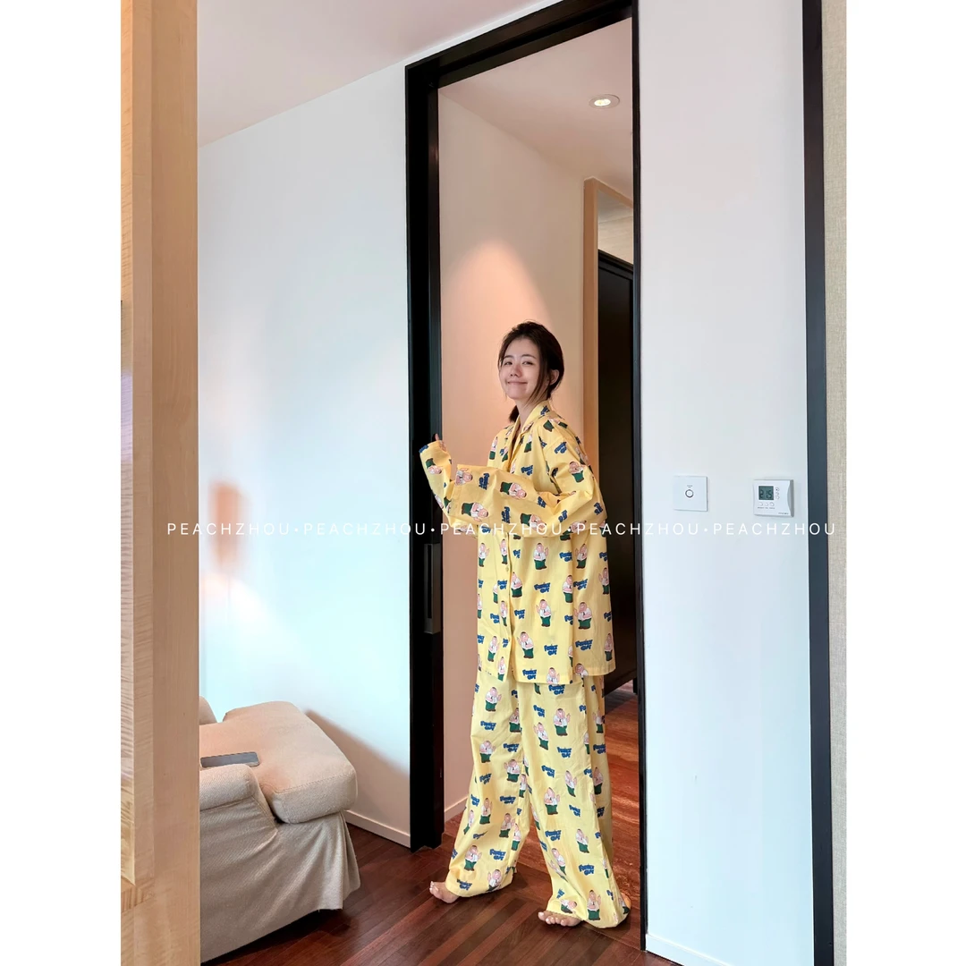『PEACHZHOU』软棉恶搞之家卡通印花长袖阔腿裤睡衣宽松家居服套装