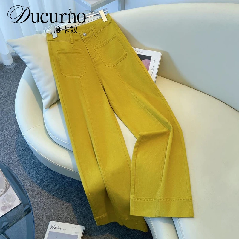 姜黄色高腰垂感阔腿牛仔裤女夏2025春季新款弹力显瘦窄版直筒裤子