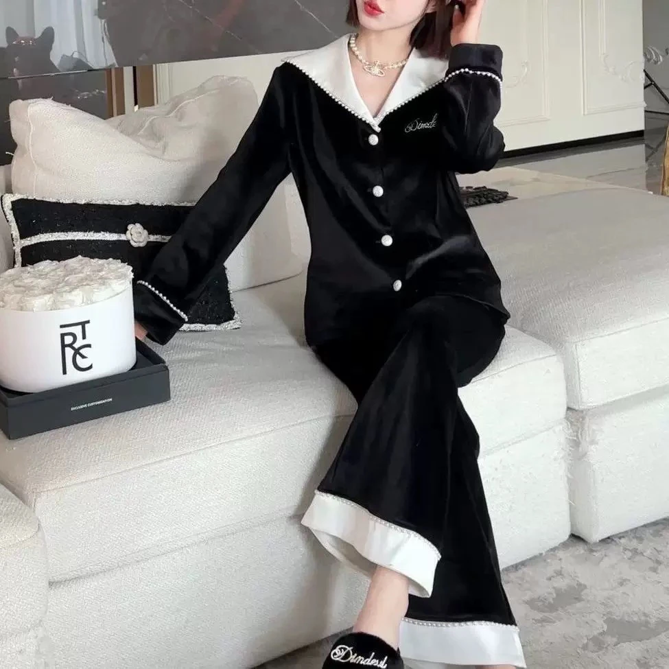 【贵妇感】冬款法式金丝绒睡衣女黑白撞色长袖长裤家居服可外穿小香