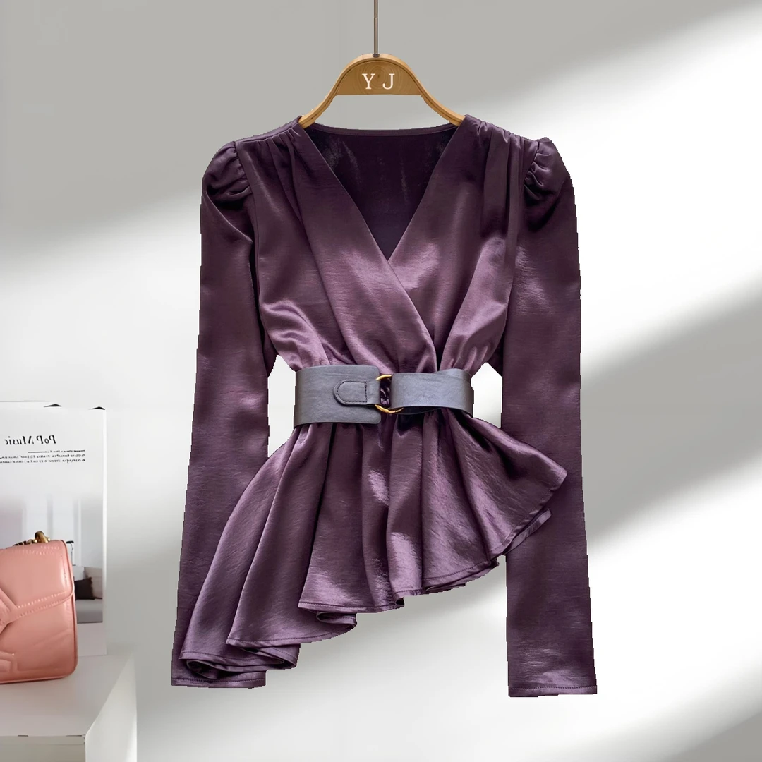 富家千金风缎面感长袖衬衫女秋季不规则腰带设计高级感气质上衣潮