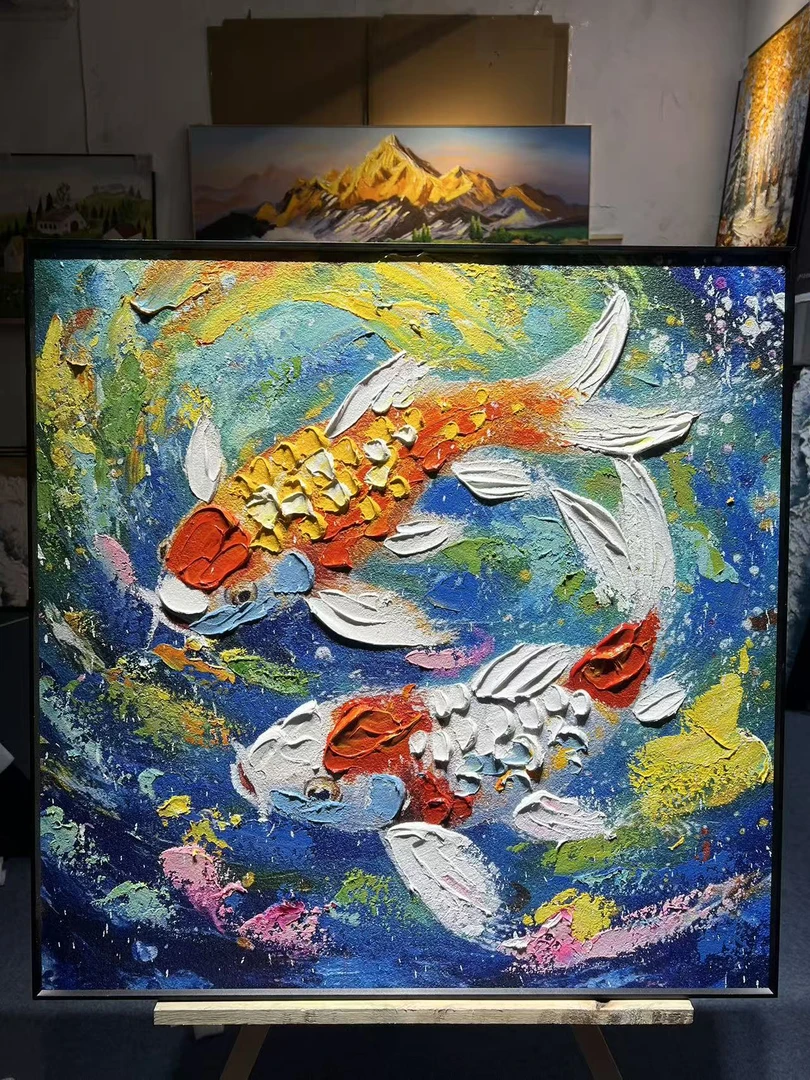 《锦鲤图肌理油画》 高级感餐厅客厅画简约客厅背景墙挂画8080