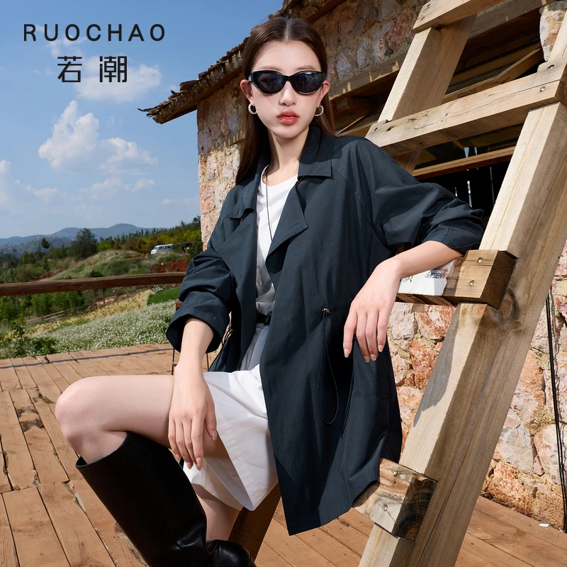 【商城专享】三彩大码女装翻领风衣中长插肩袖外套可收腰