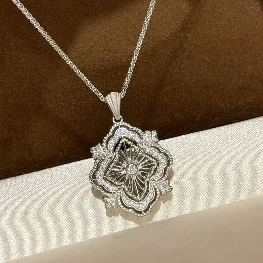 坠链均925银 意大利拉丝工艺布拉提织纹雕金镂空蕾丝项链女复古