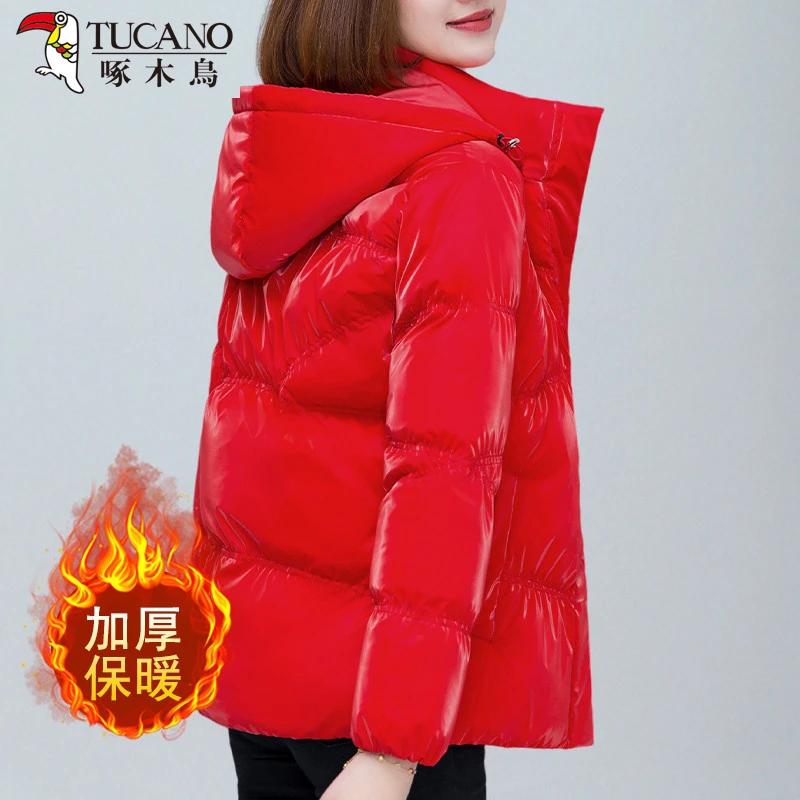 啄木鸟冬季新款舒适宽松连帽亮面棉服加厚保暖休闲宽松棉衣外套