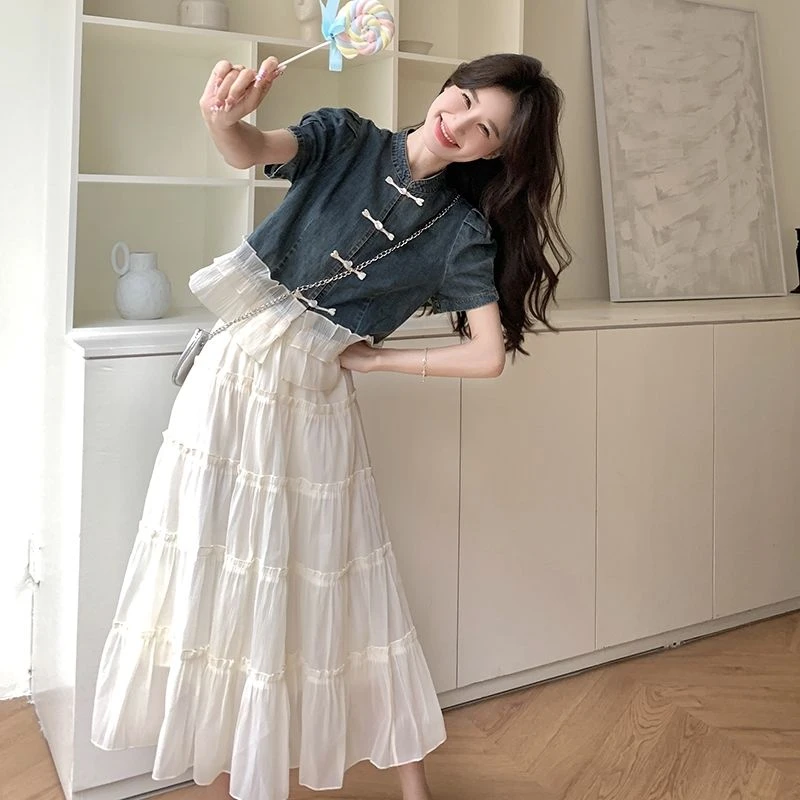 新中式国风短袖仔衬衫套装女夏季2025新款洋气漂亮半身裙两件套