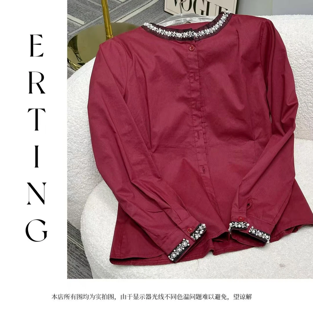 【二婷衣橱】24年新款韩版设计师款亮钻修身收腰洋气长袖衬衫6911