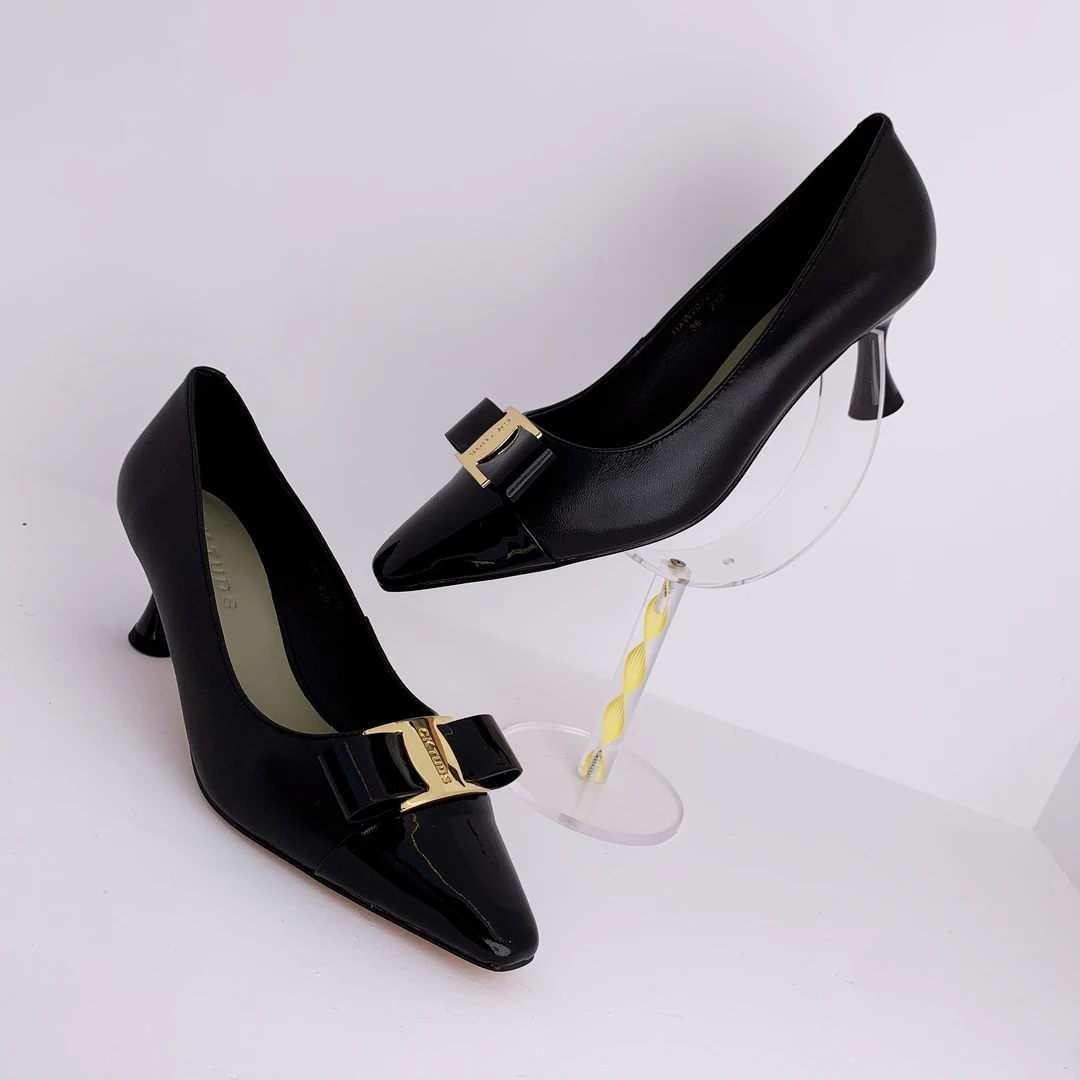 黑色尖头高跟蝴蝶结单鞋20046