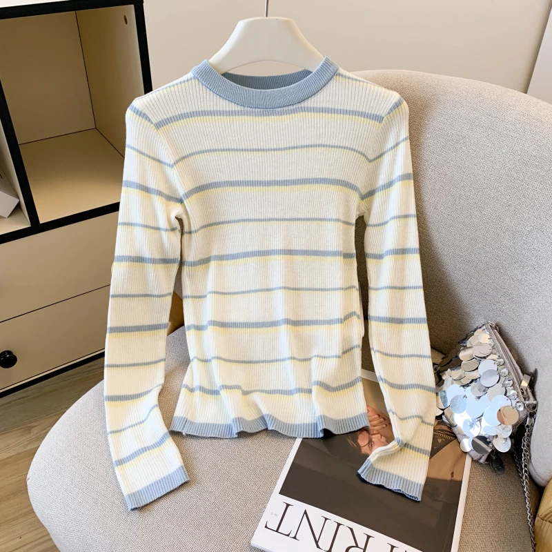 韩系蓝白条纹针织打底衫女2025秋冬新款小个子修身显瘦内搭上衣