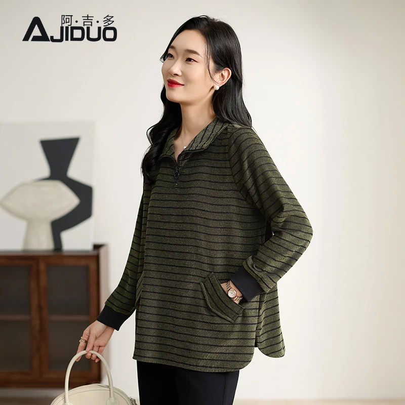 阿吉多长袖条纹t恤女春季2026新款设计感大码显瘦打底衫妈妈上衣