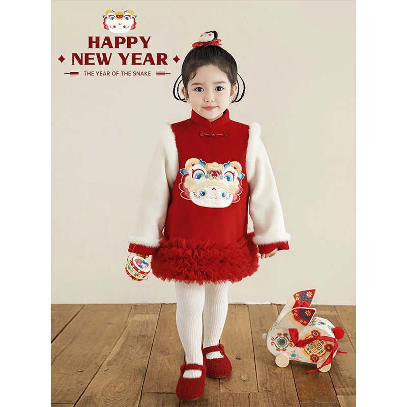 幼悠女童醒狮灵蛇过年服冬季宝宝加厚网纱连衣裙儿童拜年服D4043