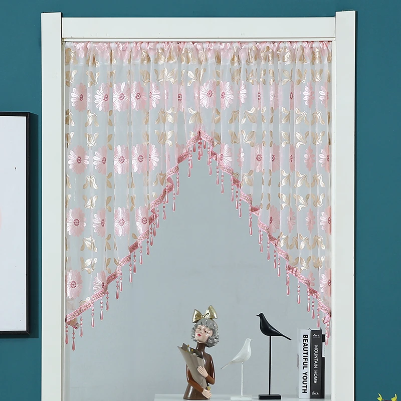 漂亮门帘客厅玄关装饰隔断门帘卧室免打孔家用绣花斜边纱帘短帘