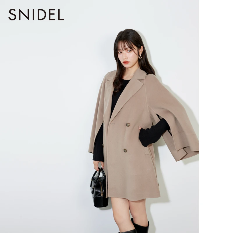 SNIDEL秋冬开叉袖翻领系带羊毛大衣双面呢外套SWFC244092