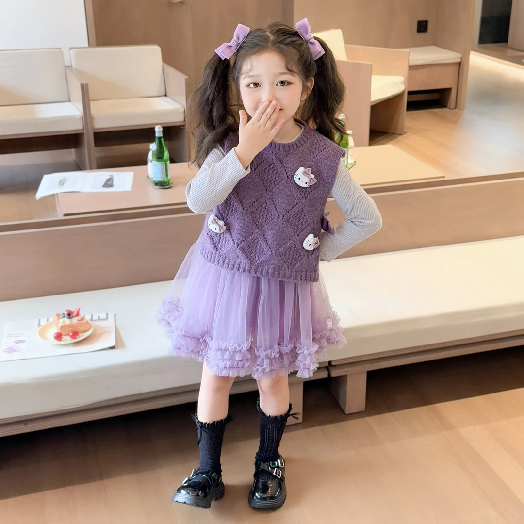 女童秋季纱裙连衣裙两件套儿童韩版卡通针织马甲公主裙套装女宝