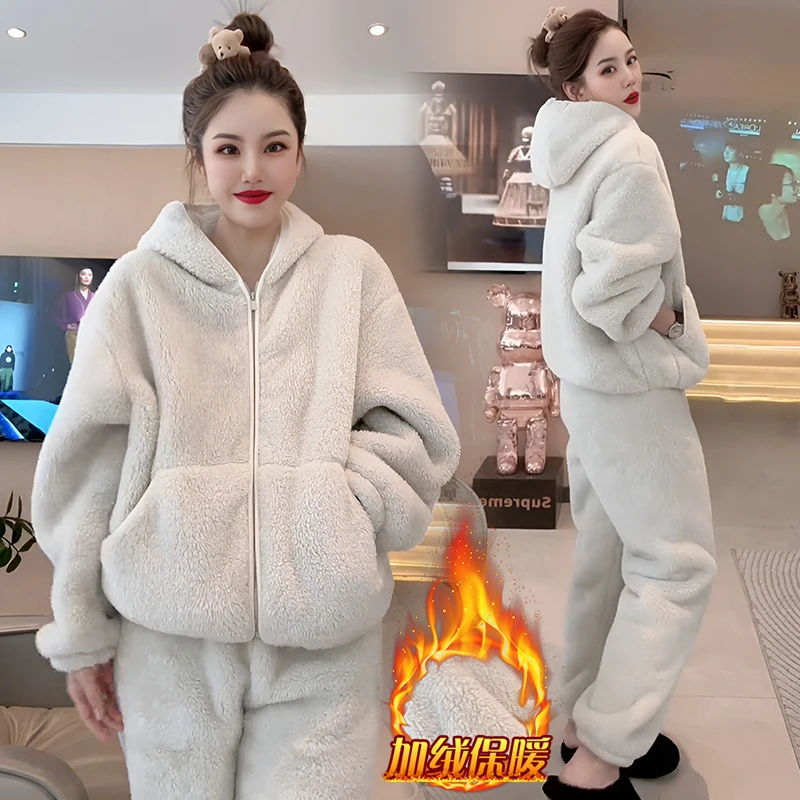 慵懒风时尚套装女2025年冬季新款加绒加厚连帽开衫束脚裤两件套潮