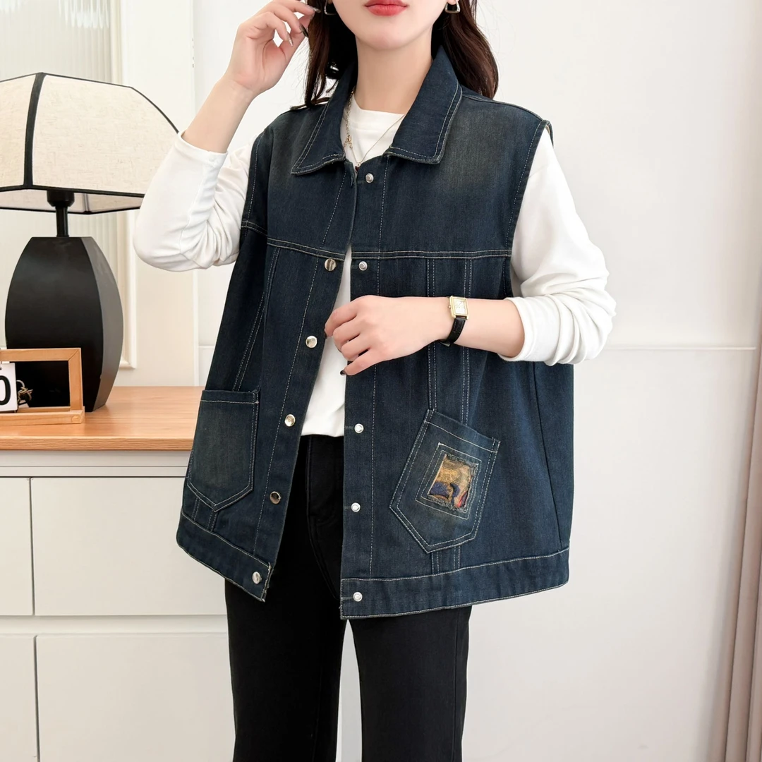 卡洛町大码女装140-220斤早春新款时尚休闲复古水洗牛仔马甲8287