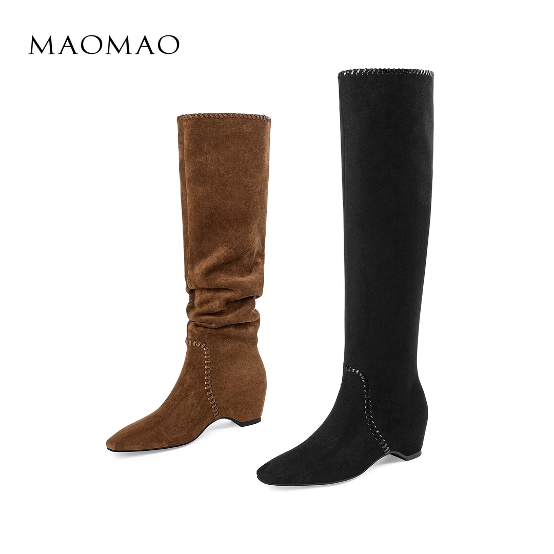 【跟高3cm】2025年秋冬季新款纯色圆头内增高中跟高筒靴时尚百搭女