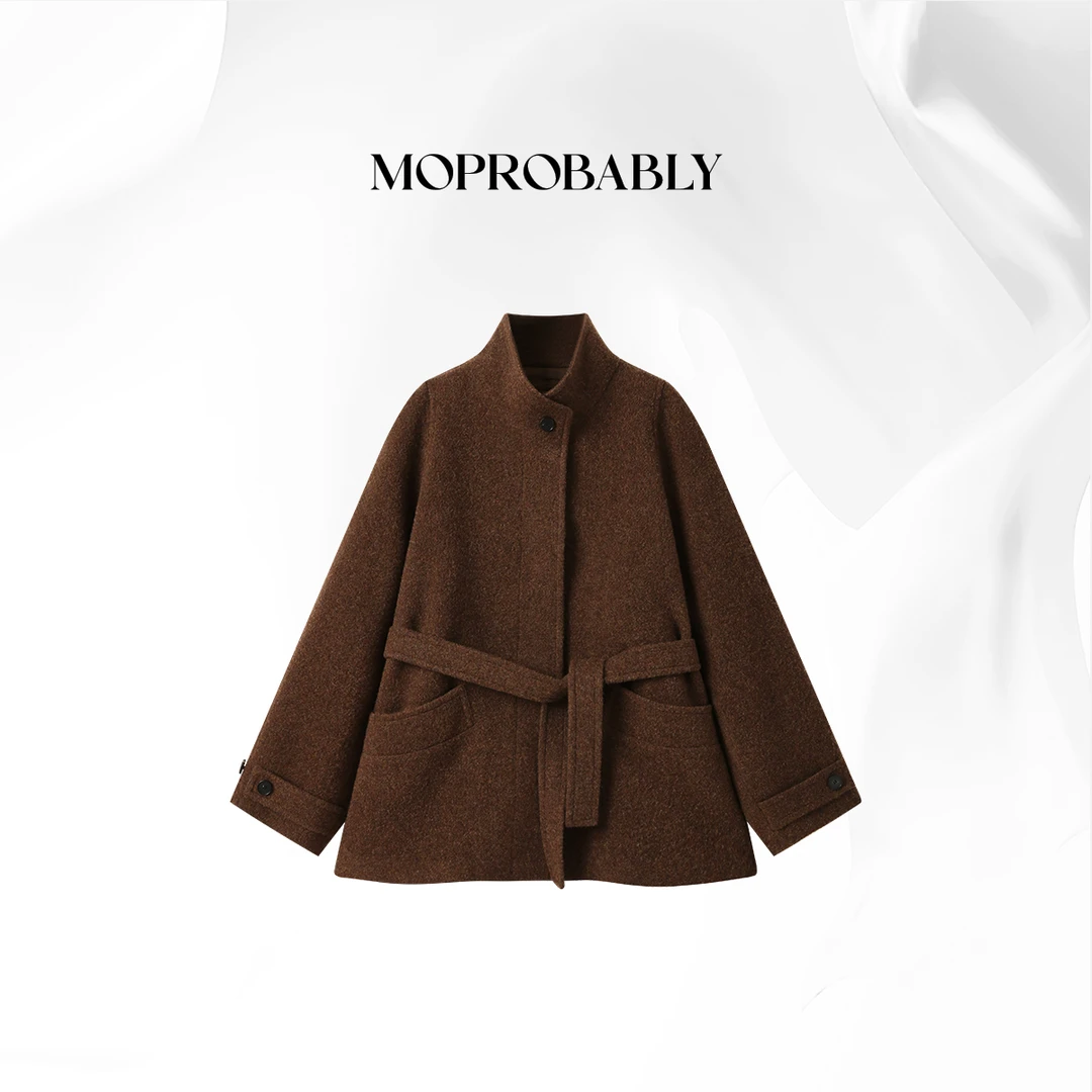Moprobably贝贝「玄棕」“100%羊毛”高端系带毛呢大衣外套B5459007