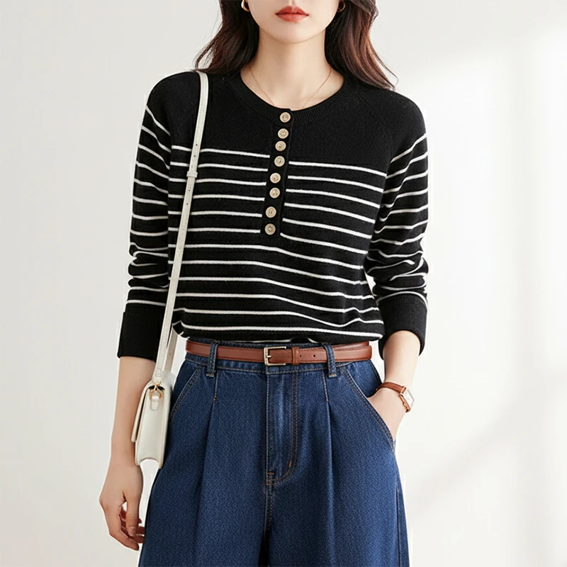 JIANMO/茧墨法式复古条纹羊毛针织衫