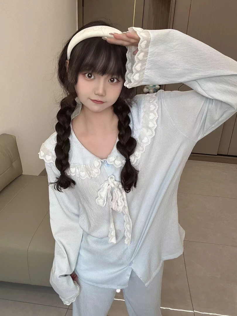 【半糖奶贝】春季新款睡衣女撞色系带蕾丝边宽松舒适家居服可外穿