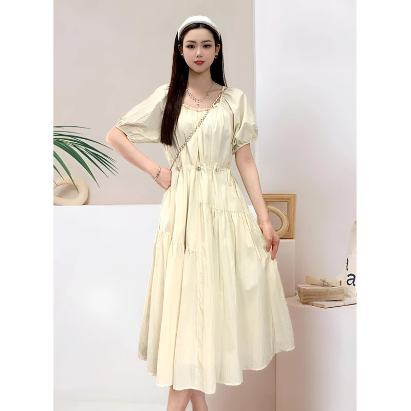 ASY/2025夏新设计感显瘦圆领泡泡袖收腰超美连衣裙甜美夏季收腰