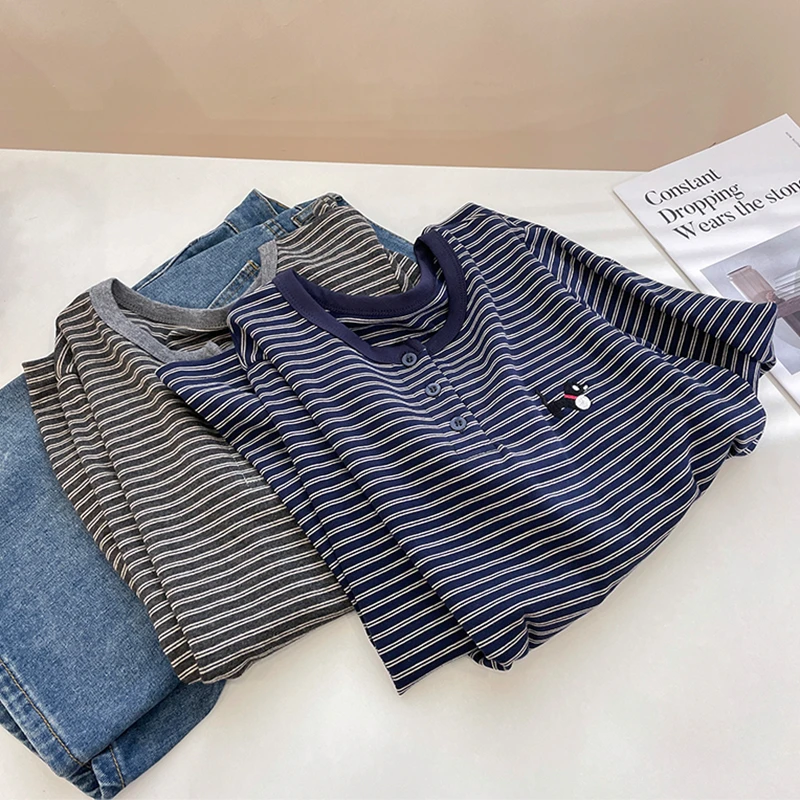 2025秋季新款休闲显瘦百搭纯棉T恤正肩宽松遮肉上衣条纹女装ins潮