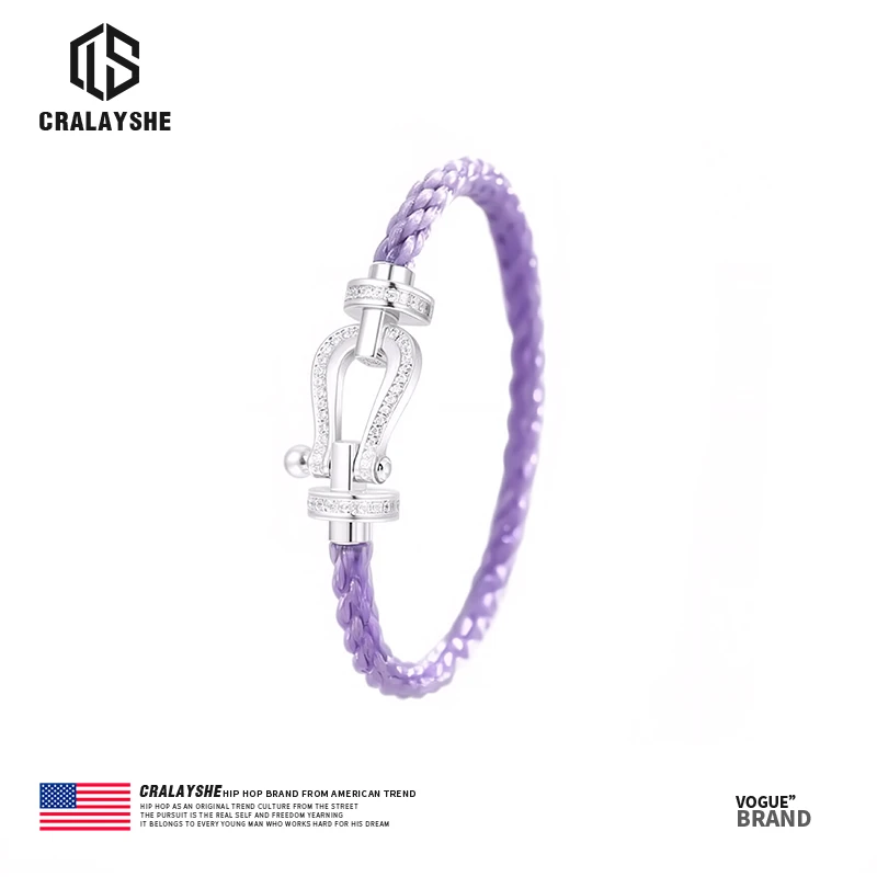 钛钢手链 紫罗兰镶钻马蹄扣手链情侣编织绳小众七夕节礼物送女友