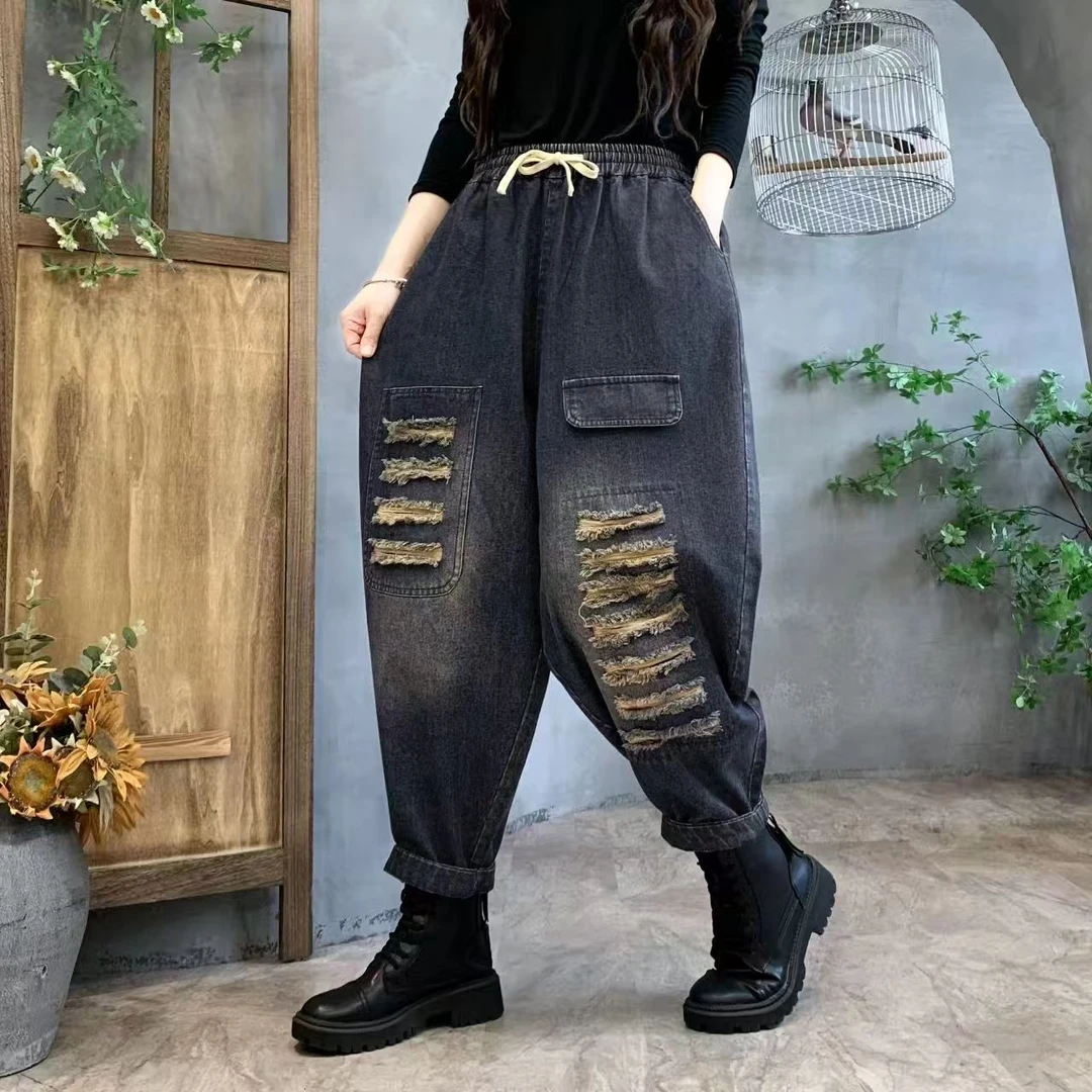 新款牛仔裤正版哈伦高腰休闲宽松百搭复古破洞妈妈老爹裤新款裤子