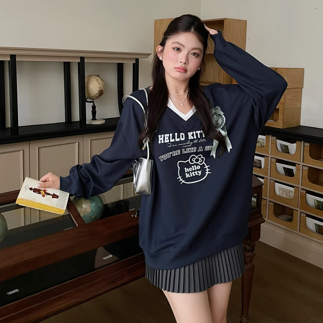 大码早秋新款韩系卫衣甜酷卡通勋章挂脖拼接假两件宽松女长袖上衣