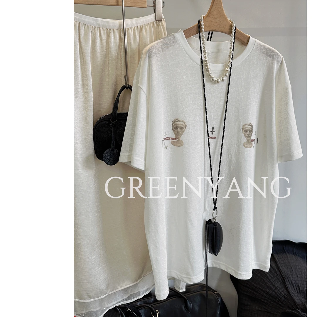 老羊家~欧美风百搭宽松显瘦T恤夏季高级感印花设计感白T上衣女款