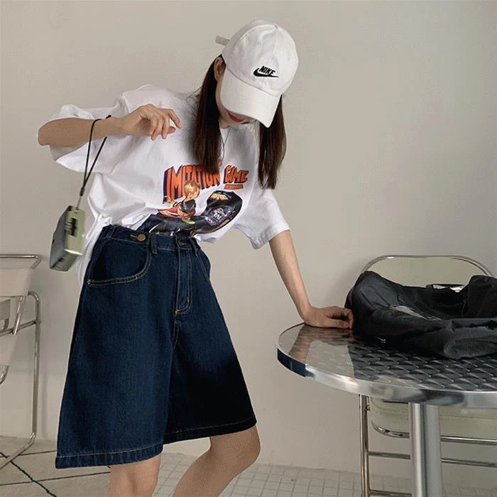 牛仔短裤2025年新款夏季高腰薄款阔腿裤深蓝色直筒中裤五分裤