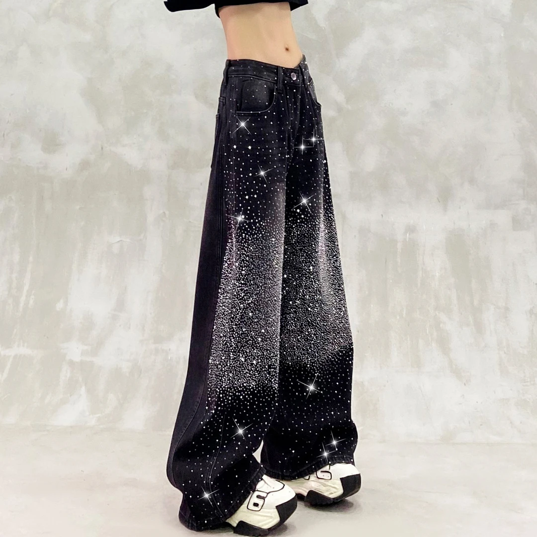 重工闪亮烫钻加绒休闲牛仔裤女冬新款高腰宽松显瘦百搭直筒阔腿裤