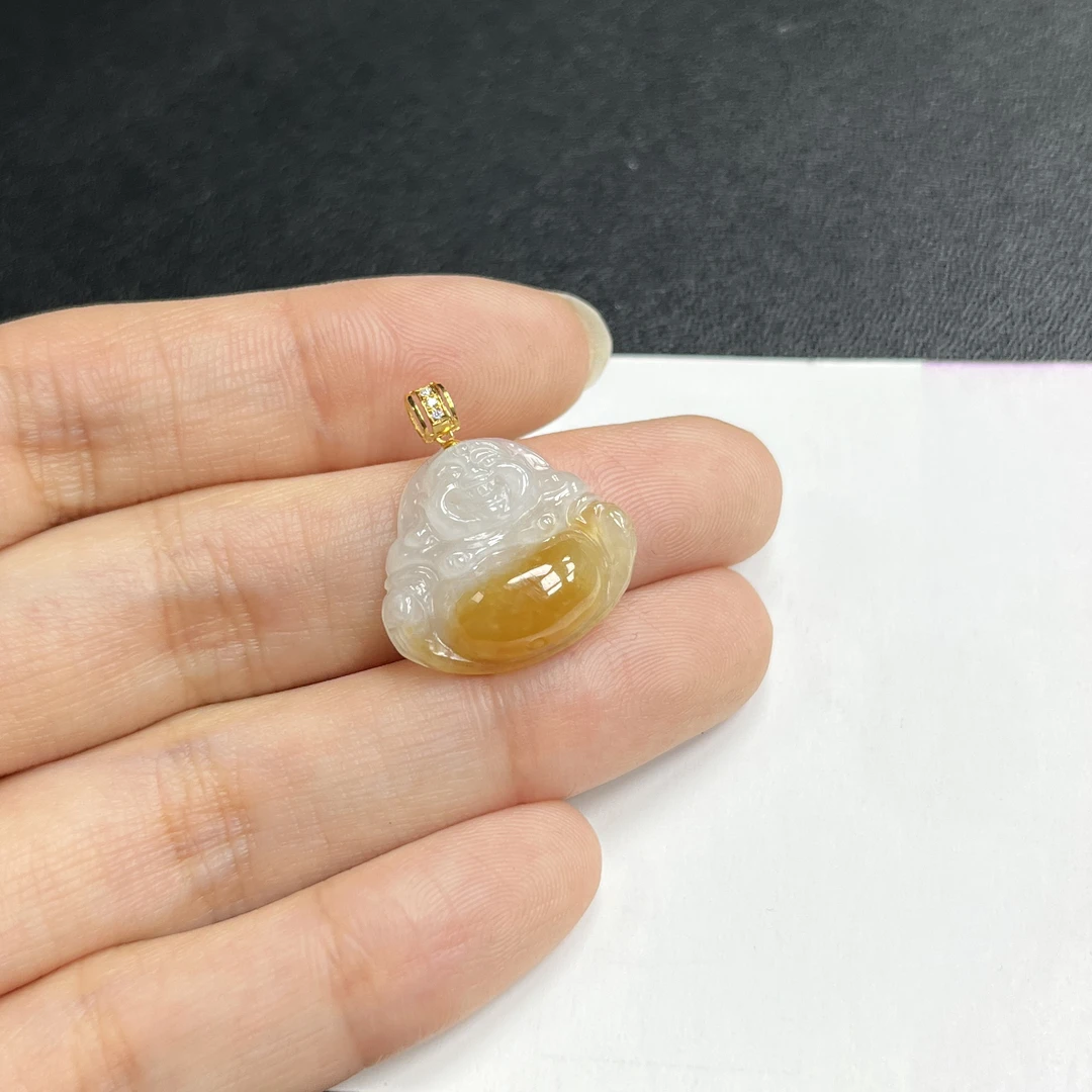 于于珠宝-天然A货缅甸翡翠黄翡佛公玉石吊坠尺寸:17.6x20.1x6.1mm