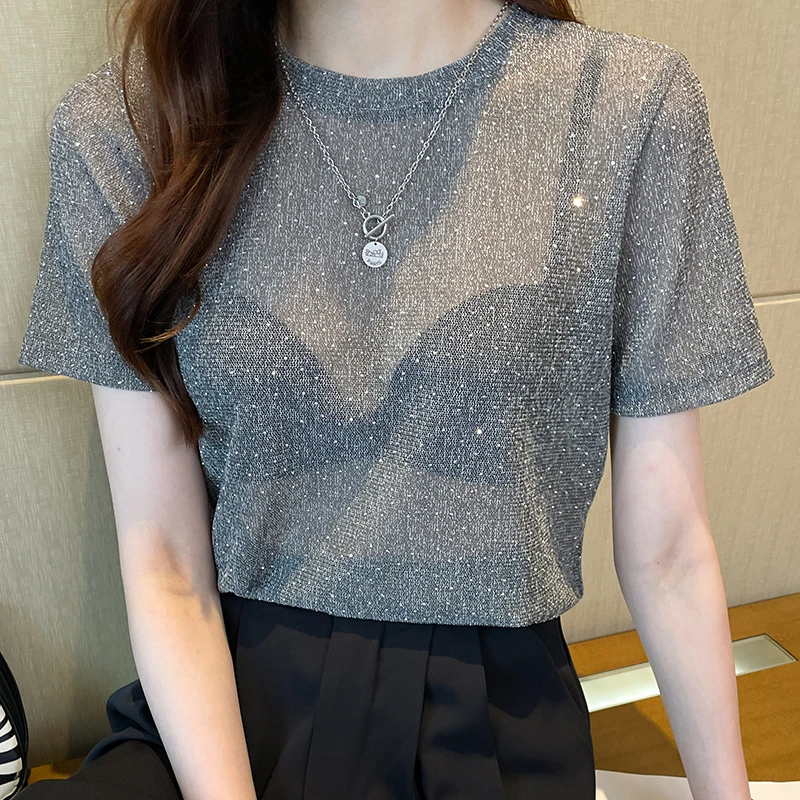 时尚新款洋气百搭气质性感圆领网纱烫钻短袖上衣t恤女夏季小众
