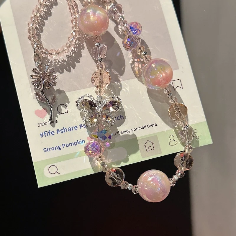 精品手作高档手机挂链蝴蝶琉璃珠长链时尚手机挂绳长款斜挎挂饰