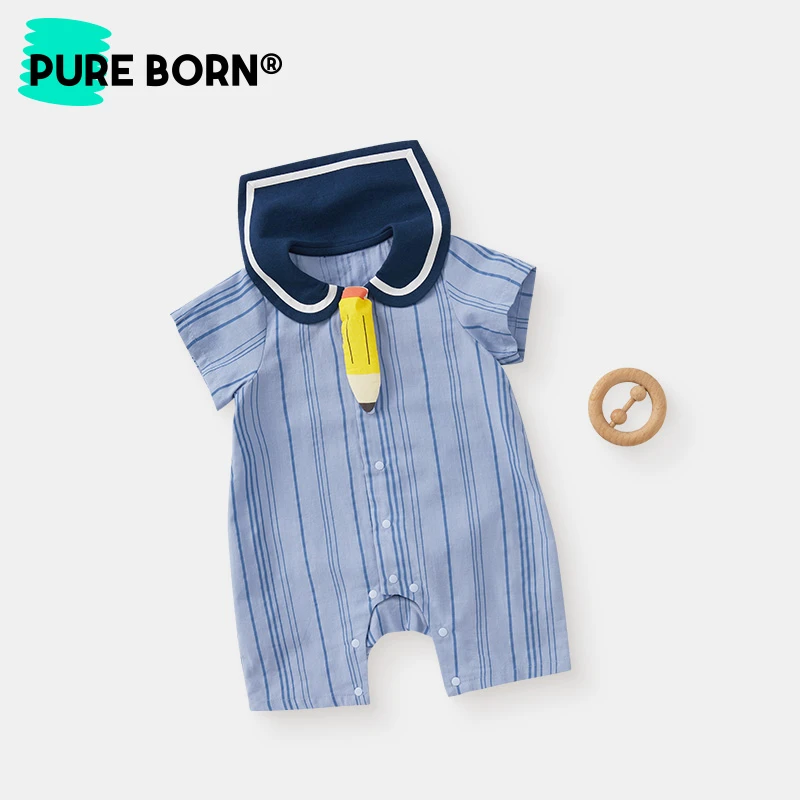 【铅笔爬服】博睿恩男女宝宝爬服夏款婴幼儿海军领纯棉条纹连体衣服