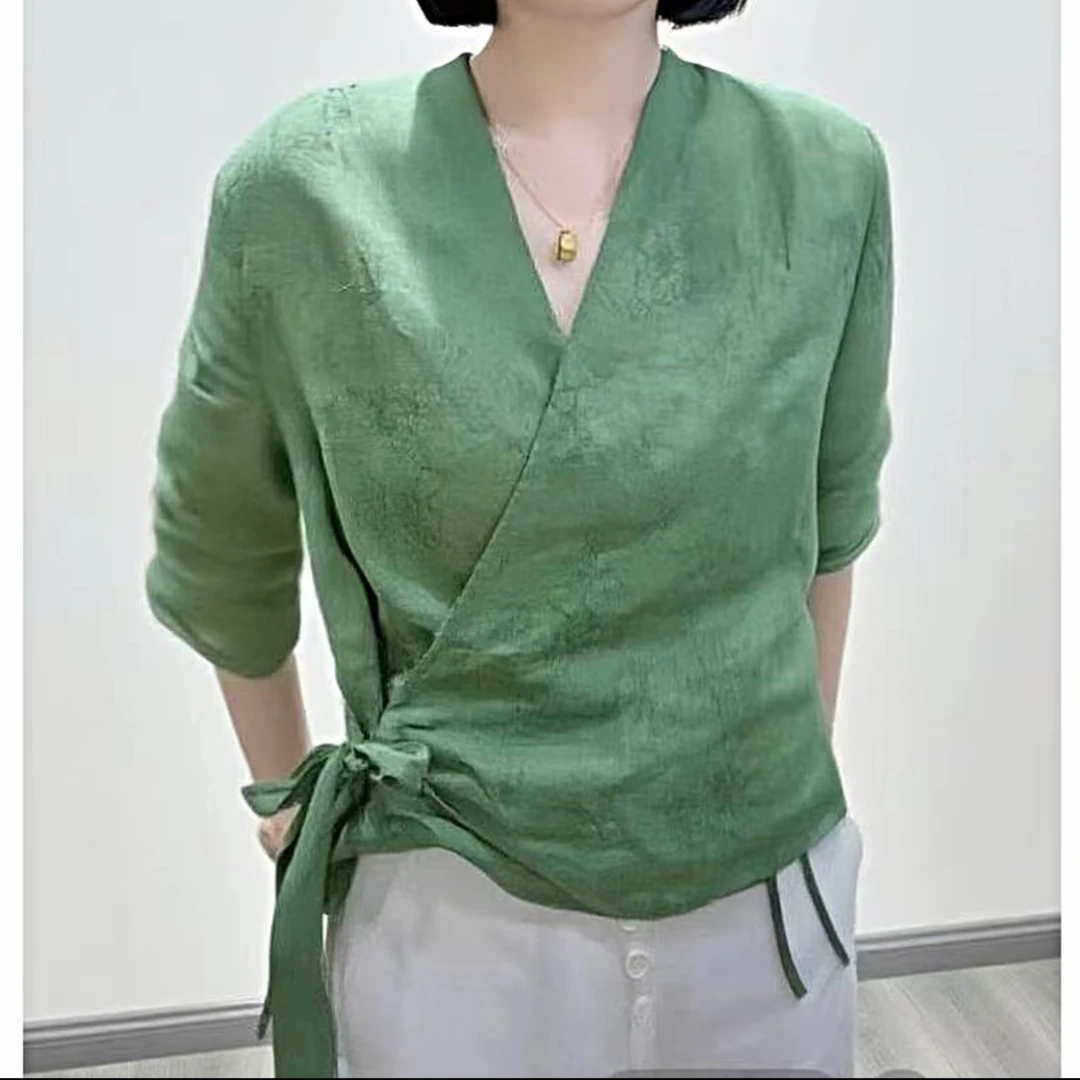 韩系提花V领显瘦绑带洋气小衫设计感长袖中式2025夏季上衣女潮流