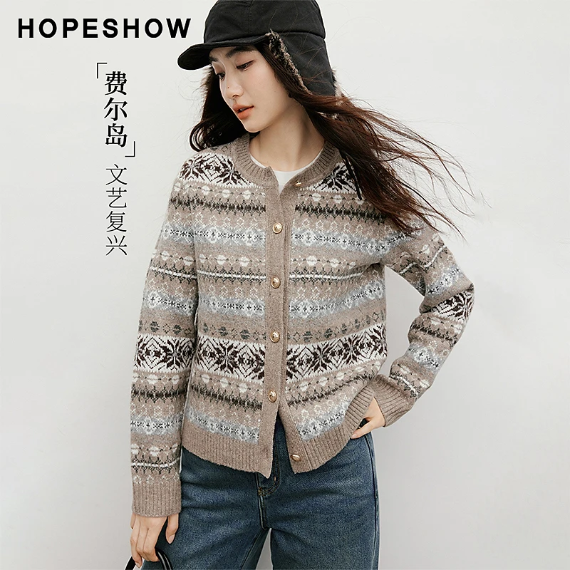 【陈大可专属】红袖复古风费尔岛撞色提花正肩针织开衫90125370117