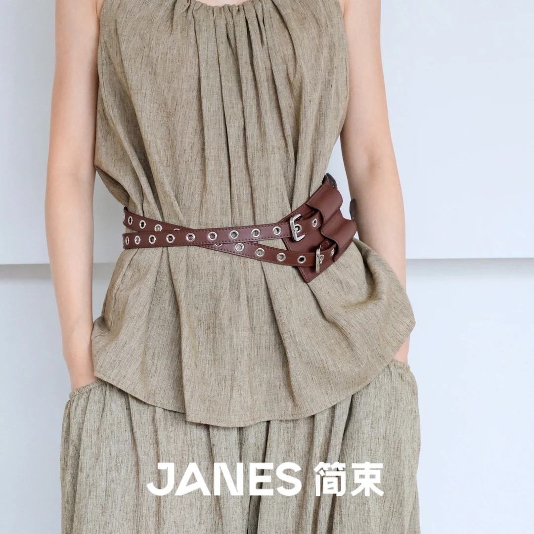 JANES简束[小众个性]质感真皮宽腰带女士朋克风铆钉牛皮宽腰封