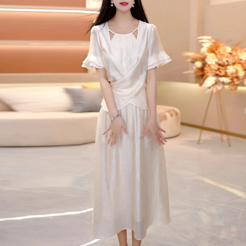 纯色不规则上衣小衫半身裙两件套女士2025夏季新款减龄连衣裙套装