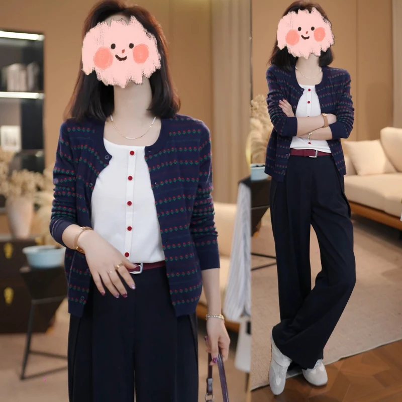 秋季款琥珀流光风小花撞色假两件毛织开衫窄版微阔腿裤两件套女装