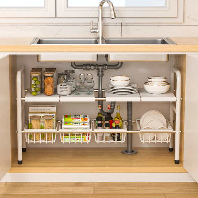 厨房下水槽置物架橱柜内可伸缩分层架下水道多功能调料品锅具收纳