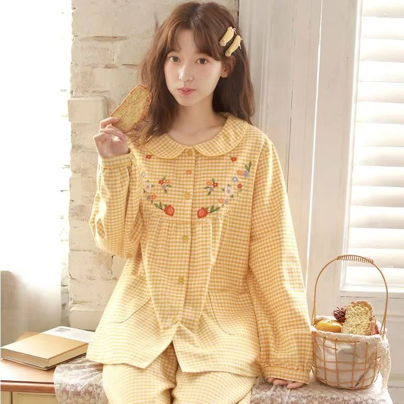 秋冬纯棉女士磨毛睡衣宽松翻领甜美长袖长裤保暖家居服套装258538