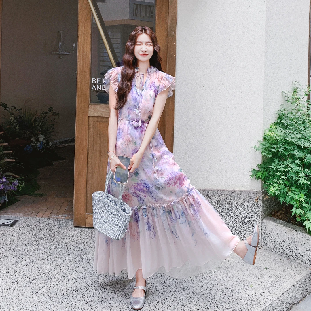 紫色碎花绝美巨好看少女感渐变连衣裙女2025夏季新款高级感仙女裙