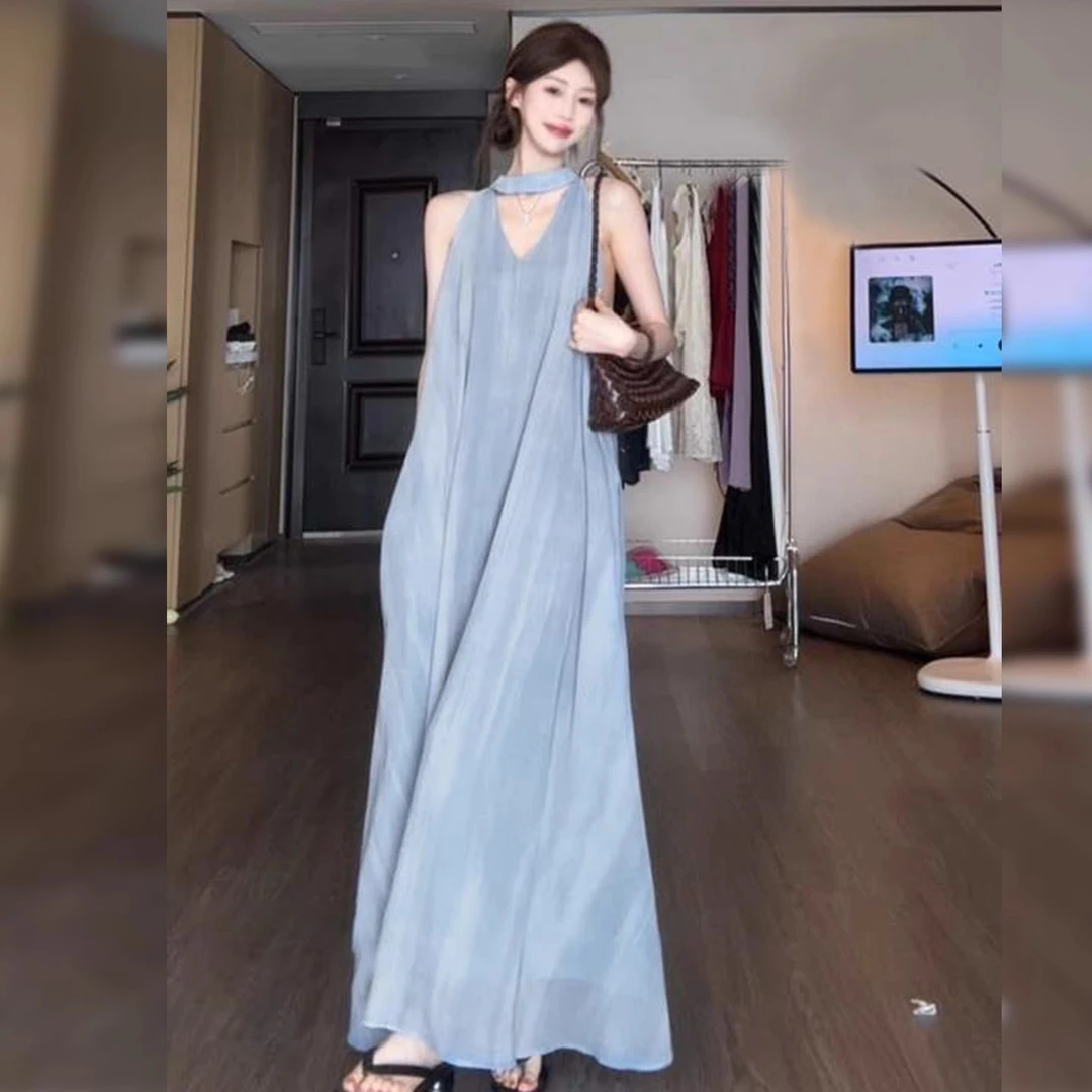 2025新款慵懒风法式蓝色无袖吊带连衣裙子女夏季海边度假仙女长裙