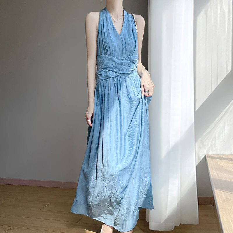 夏季性感显瘦挂脖长裙粉色气质优雅长款连衣裙裙子时尚修身连衣裙